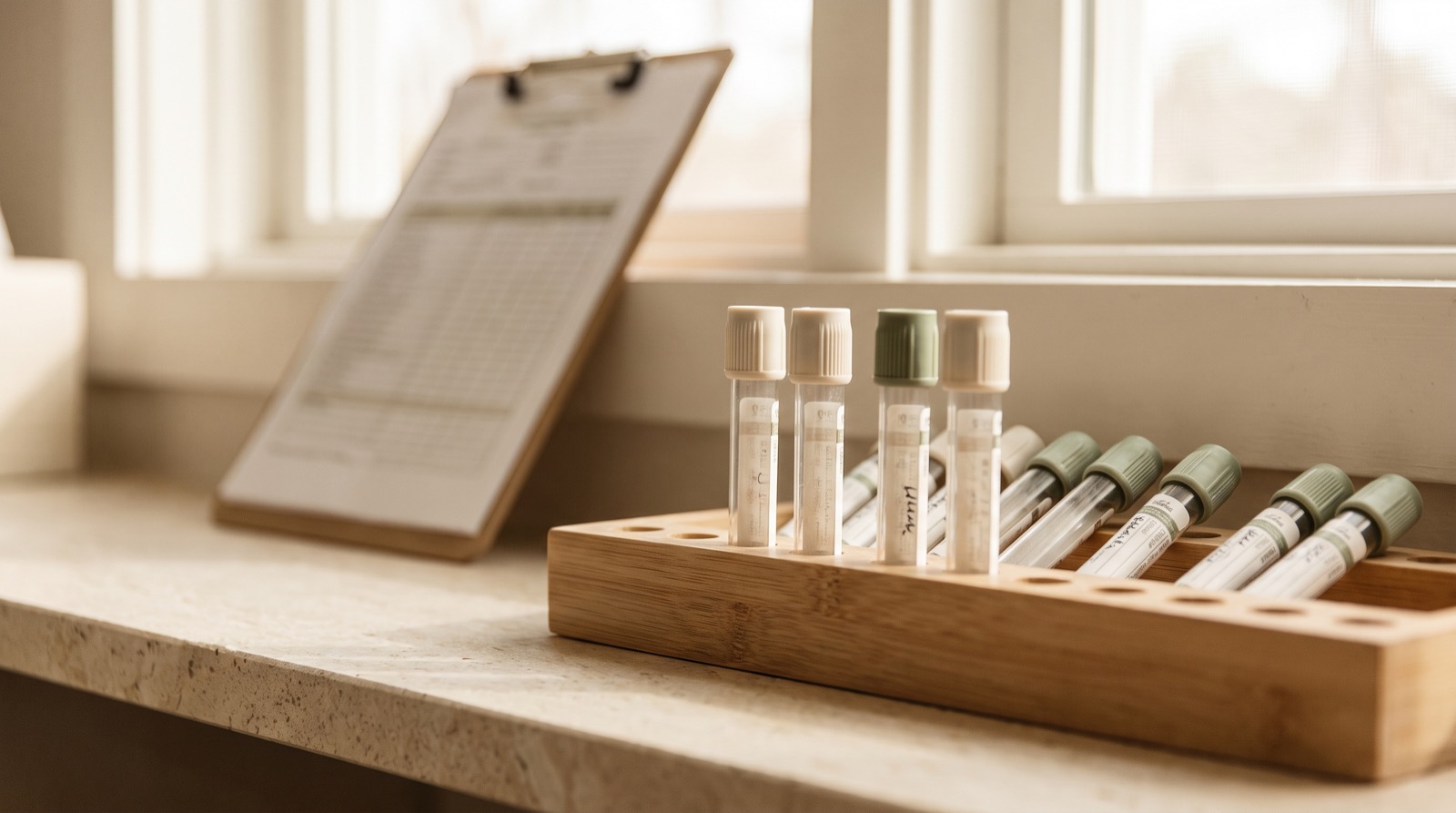 Labelled blood sample tubes in a clinical laboratory tray